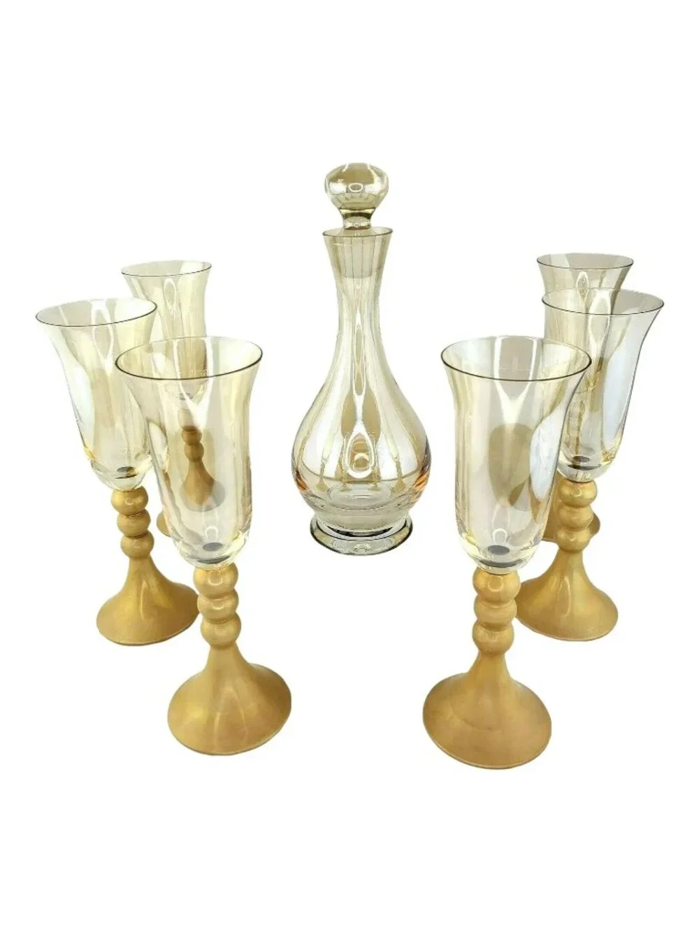 Late 20th Century Bombay Glass Decanter Set 6 Glasses Gold Frosted Stems Made in